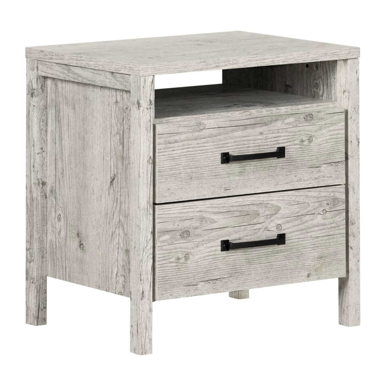 Modern Washed Pine Wood 2 Drawer End Table Nightstand with Open Cubby Shelf for Bedroom